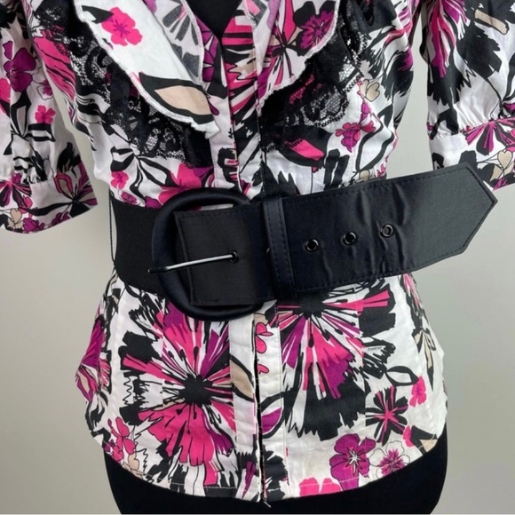 Bebe Floral Print Pink Multicolor Ruffle Layered Collar Belted V-Neck Blouse - Picture 4 of 11